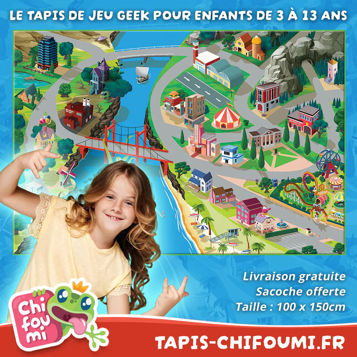 Tapis jeu voiture "Hill Valley" - 150x100cm tapis-chifoumi